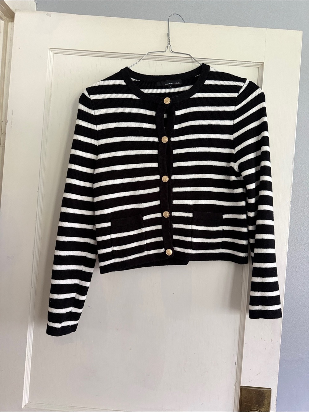 Amanda & Chelsea Black and White Striped Button Cardigan